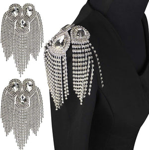 2 Pieces Beaded Diamond Waterdrop Design Patches Crystal Fringe Tassel Rhinestones Shoulder Badges Brooches