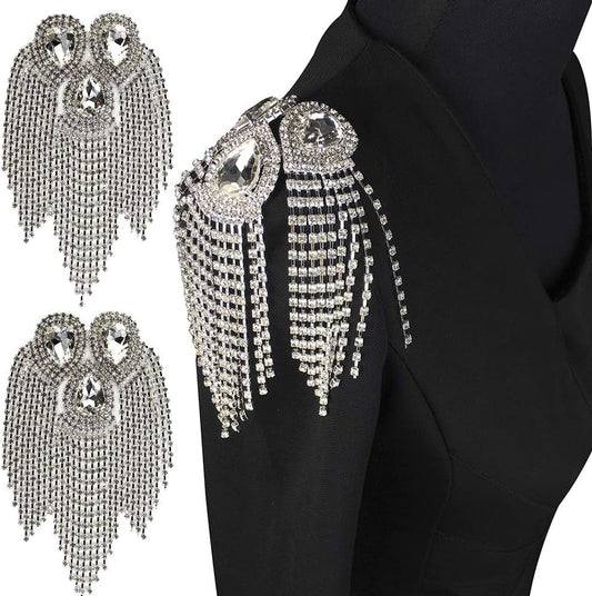 2 Pieces Beaded Diamond Waterdrop Design Patches Crystal Fringe Tassel Rhinestones Shoulder Badges Brooches