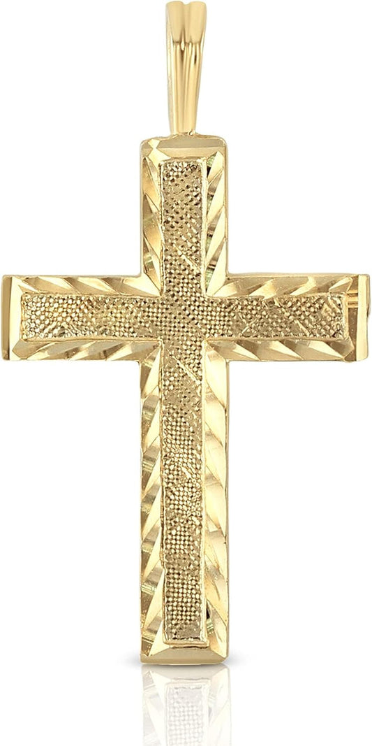 14K Yellow Solid Gold Cross Pendant for Men or Women in Two Sizes – 14 Karat Small Jesus Charm for Necklace or Chain – Thin Crucifix Jewelry Gift for Baptism, Confirmation, Christian, Religious or Everyday Wear