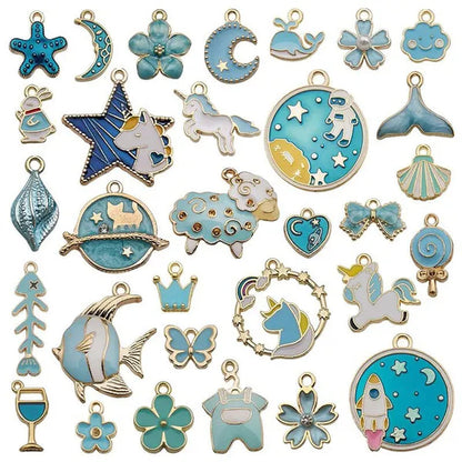 30pcs Mixed Pattern Pink Drop Oil  Fish Flower Horse Enamel Charm DIY Jewelry Bracelet Necklace Pendant Gold Tone Float Finding