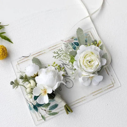 4Pcs Peony Wrist Corsages Bride Wristlet Band Bracelet Men Boutonnieres Set for Wedding Flowers Mother of Bride and Groom, Party Prom Flowers