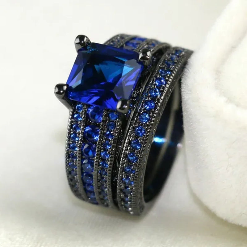 Two Rings Couple Rings Tungsten Steel Men's Rings 18k Black Gold Filled Princess cut Sapphire Women's Wedding Ring Sets