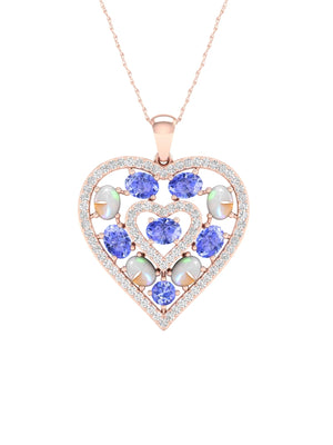 Gemstone 10K Rose Gold Oval Cut Ethiopian Opal and Tanzanite 1/4 CT TW Diamond Halo Heart Pendant Necklace
