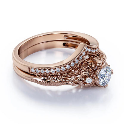 Engraved .68 Carat round Cut Real Diamond Victorian-Inspired Wedding Ring Set with Chevron Wedding Band in 10K Rose Gold