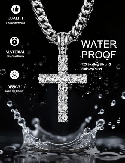 925 Sterling Silver Cross Necklace Men - CZ Cross Pendant Layered Necklaces Waterproof Stainless Steel Cuban Link Rope Chain Silver Necklace Stack Jewelry with Gift Box 16-30 Inches