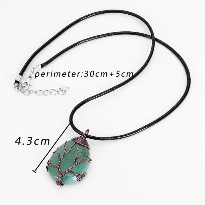 Vintage Natural Gemtone Crystal Amethyst Rose Quartz Tiger Eye Stone Water Drop Tree of Life Pendant Necklace for Women Men Jewelry