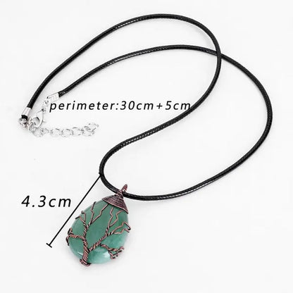 Vintage Natural Gemtone Crystal Amethyst Rose Quartz Tiger Eye Stone Water Drop Tree of Life Pendant Necklace for Women Men Jewelry