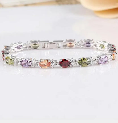 925 Sterling Silver Gorgeous Oval Ruby Amethyst Aquamarine Sapphire and round Sparkling Cubic Zirconia CZ Tennis Bracelet Jewelry Gift