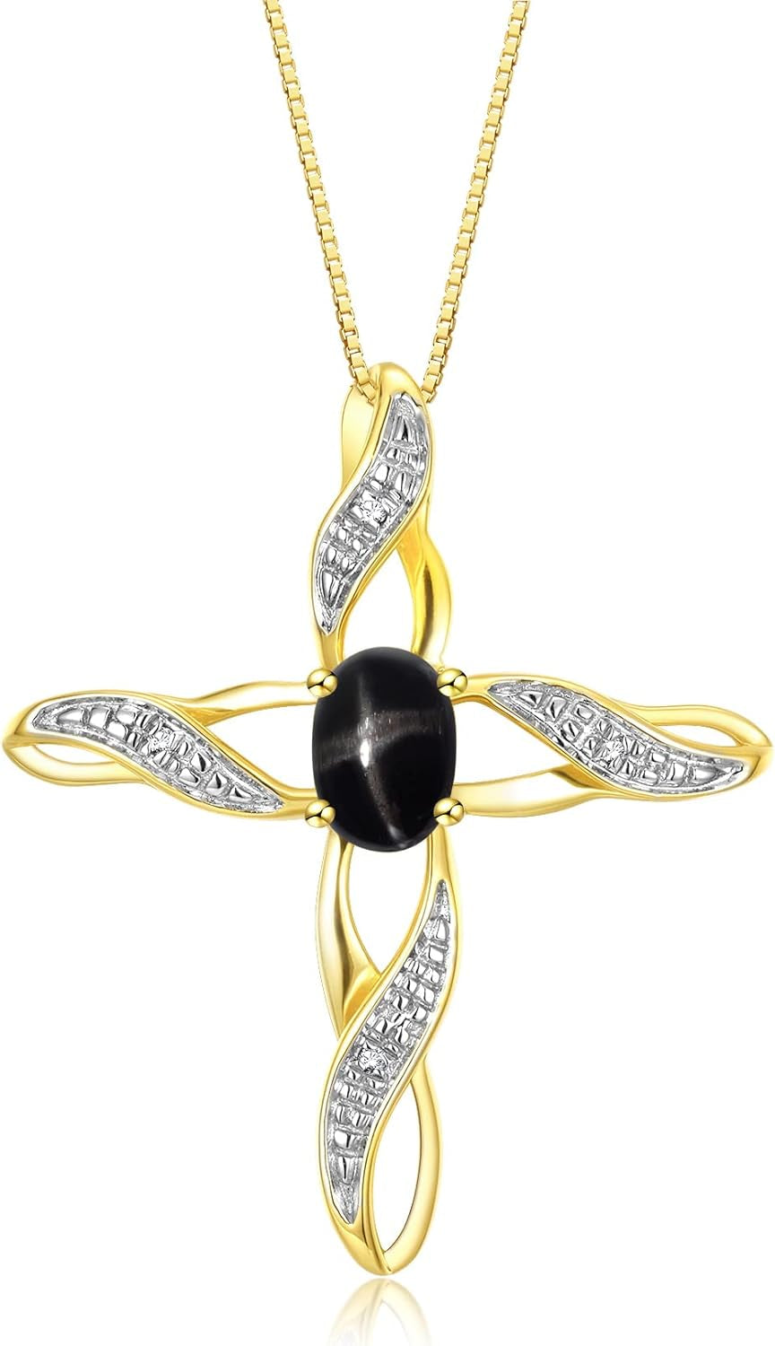 Necklaces for Women Yellow Gold Plated Silver 925 Cross Necklace with Gemstone & Diamonds Pendant with 18" Chain 7X5MM Birthstone Womens Jewelry Silver Necklace for Women Diamond Necklaces for Women