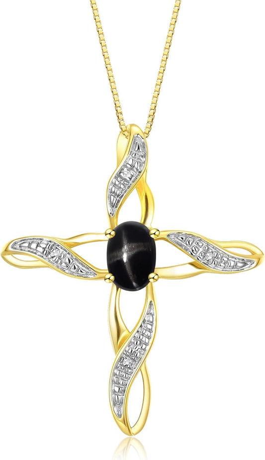 Necklaces for Women Yellow Gold Plated Silver 925 Cross Necklace with Gemstone & Diamonds Pendant with 18" Chain 7X5MM Birthstone Womens Jewelry Silver Necklace for Women Diamond Necklaces for Women