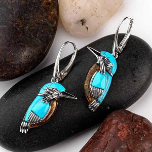 Vintage Women'S Exquisite 925 Sterling Silver Hook Dangle Turquoise Amber Hummingbird Bird Earrings Engagement Wedding Earrings Birthday Anniversary Gift Jewelry
