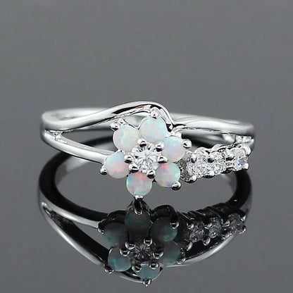 Delysia King Exquisite round cut white fire Australian gemstone flower ladies opal ring diamond jewelry birthday gift bridal engagement party ring size 6-10