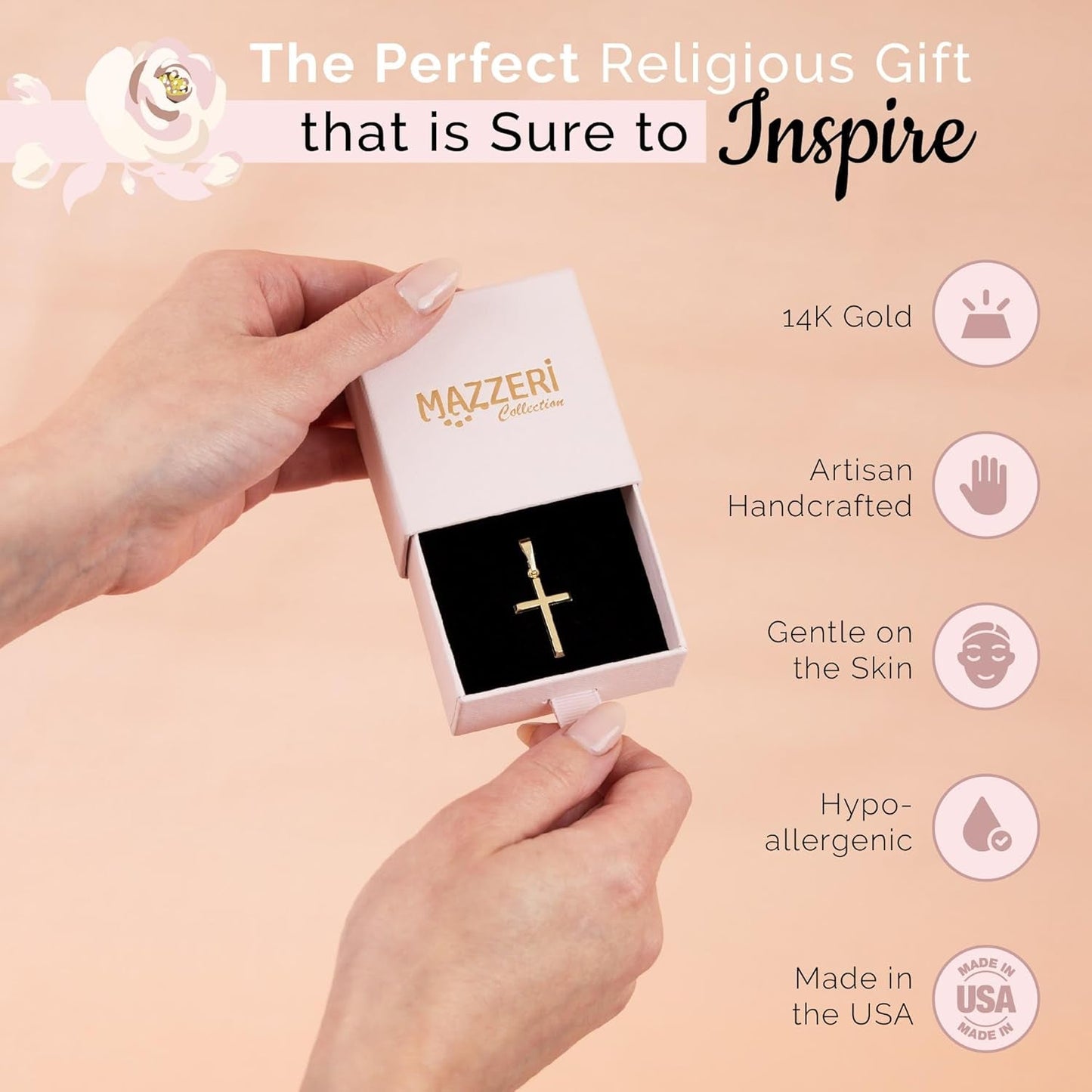 10K or 14K Gold Cross Pendant, Hypoallergenic Gold Religious Charms for Men and Women, Handcrafted in the USA - (1 Inch)