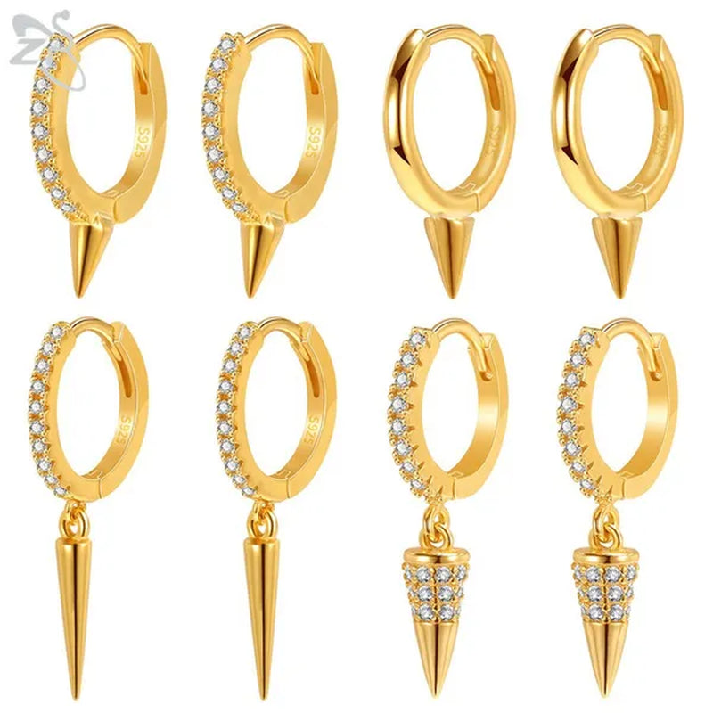 1 Pair Zircon 925 Sterling Silver Hoop Earring for Women Girls Gold Color Spike Circle Earrings Silver Punk Ear Piercings Jewelry Gifts
