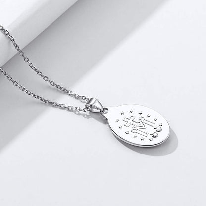 Personalized Virgin Mary Necklace 925 Sterling Silver Religious Christian Jewelry Oval Medal Coin Pendant Necklace for Women Men(With Gift Box)