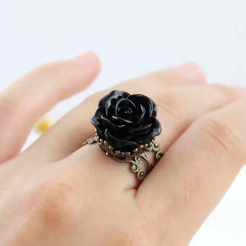 Gothic Black Rose Resin Vintage Hollow Out Alloy Rings fashion jewelry accessories