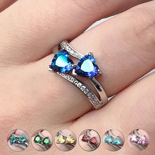 Fashion Elegance Silver Color Double Heart-Shaped Zircon Birthstone Bridal Princess Wedding Engagement Party Ring Size 5-11