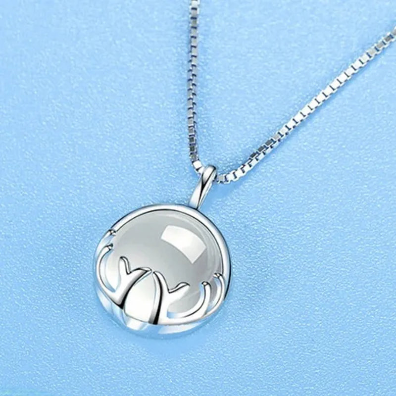 Fine Silver Color Antlers Shape Bezel Setting round Cut Moonstone Pendant Necklace for Women Romantic Wedding Jewelry Gift