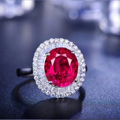 Huge Silver Ruby & White Sapphire Birthstone Gemstones Engagement Wedding Anniversary Flower Ring