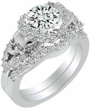round Cut White Diamond 925 Sterling Silver 14K White Gold over Diamond Halo 2 Skull Wedding Band Bridal Ring Set for Women