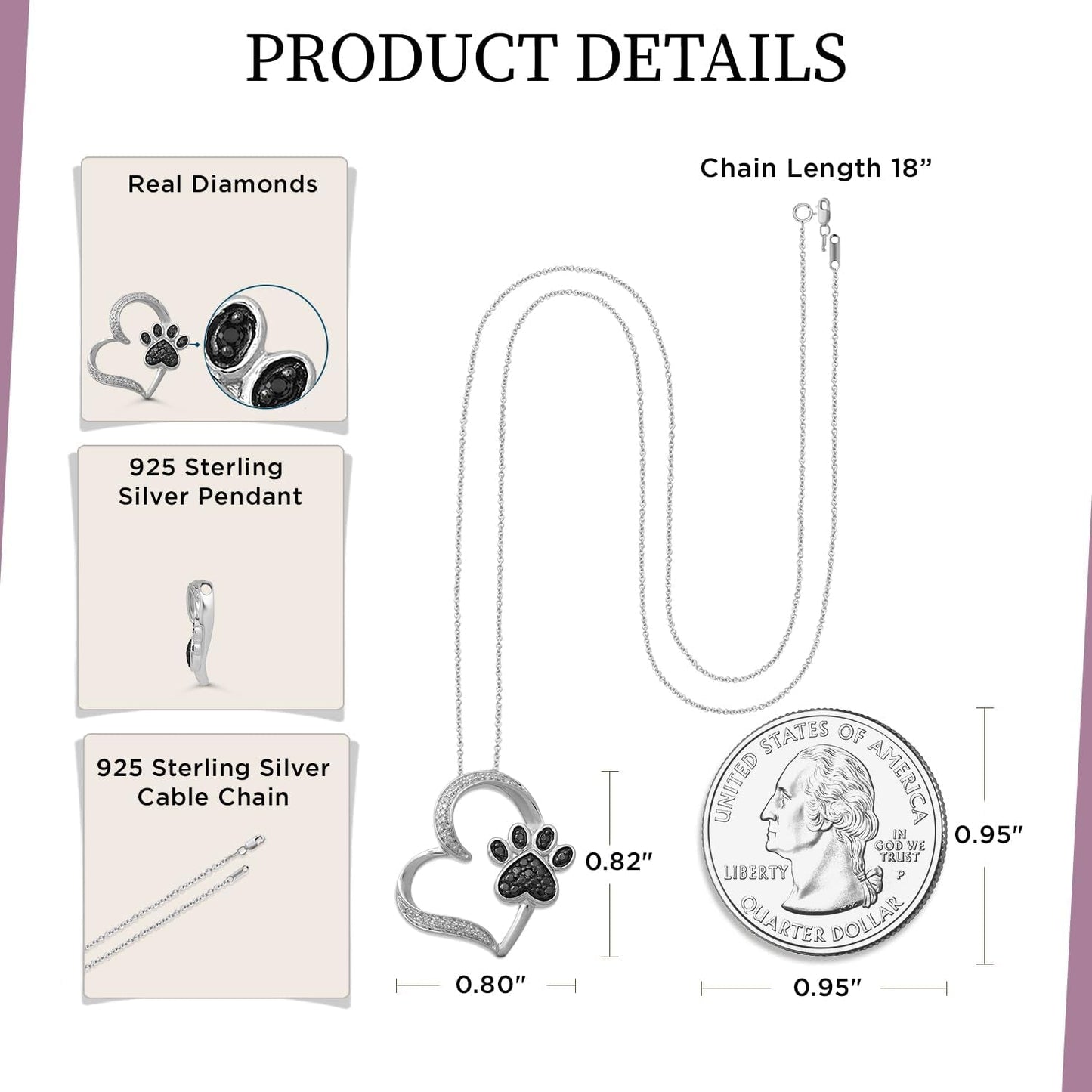 Womens Heart with Dog Paw in Sterling Silver Necklace 18 Inch Cable Chain