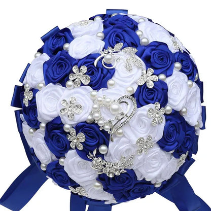 24Cm 10 Styles Can Choose Royal Blue Silver Brooch Wedding Bouquets Silk Rhinestone Artificial Rose Flowers Bridesmaid Mariage Bouquets Wedding Accessories W125