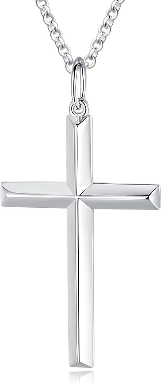 White Gold Plated 925 Solid Sterling Silver High Polished Heavy-Duty Cross Crucifix Pendant Necklace Fine Jewelry Gifts for Him Men Father, Rolo Chain Length 24 INCH/ 60CM