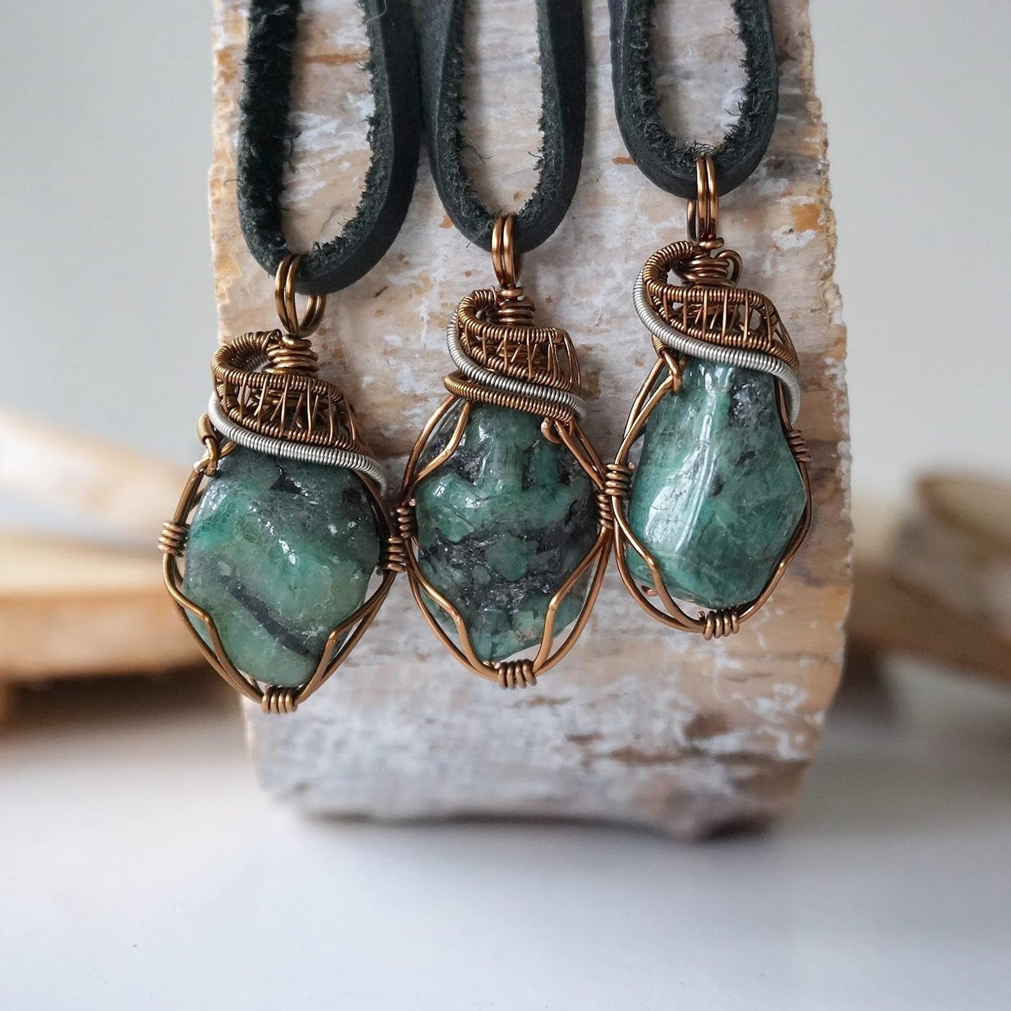 NEW  Handmade Emerald Necklace 24 Inch Black Leather Cord Antique Bronze, May Birthstone Jewelry, Handmade in North America
