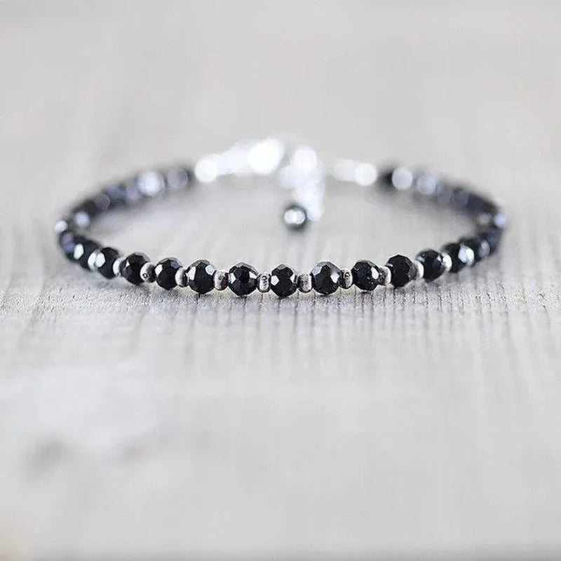 Black Spinel, Sterling & Karen Hill Tribe Silver Bracelet Boho Beaded Gemstone Bracelet Dainty Stacking Bracelet - WORLD TIME VISITS