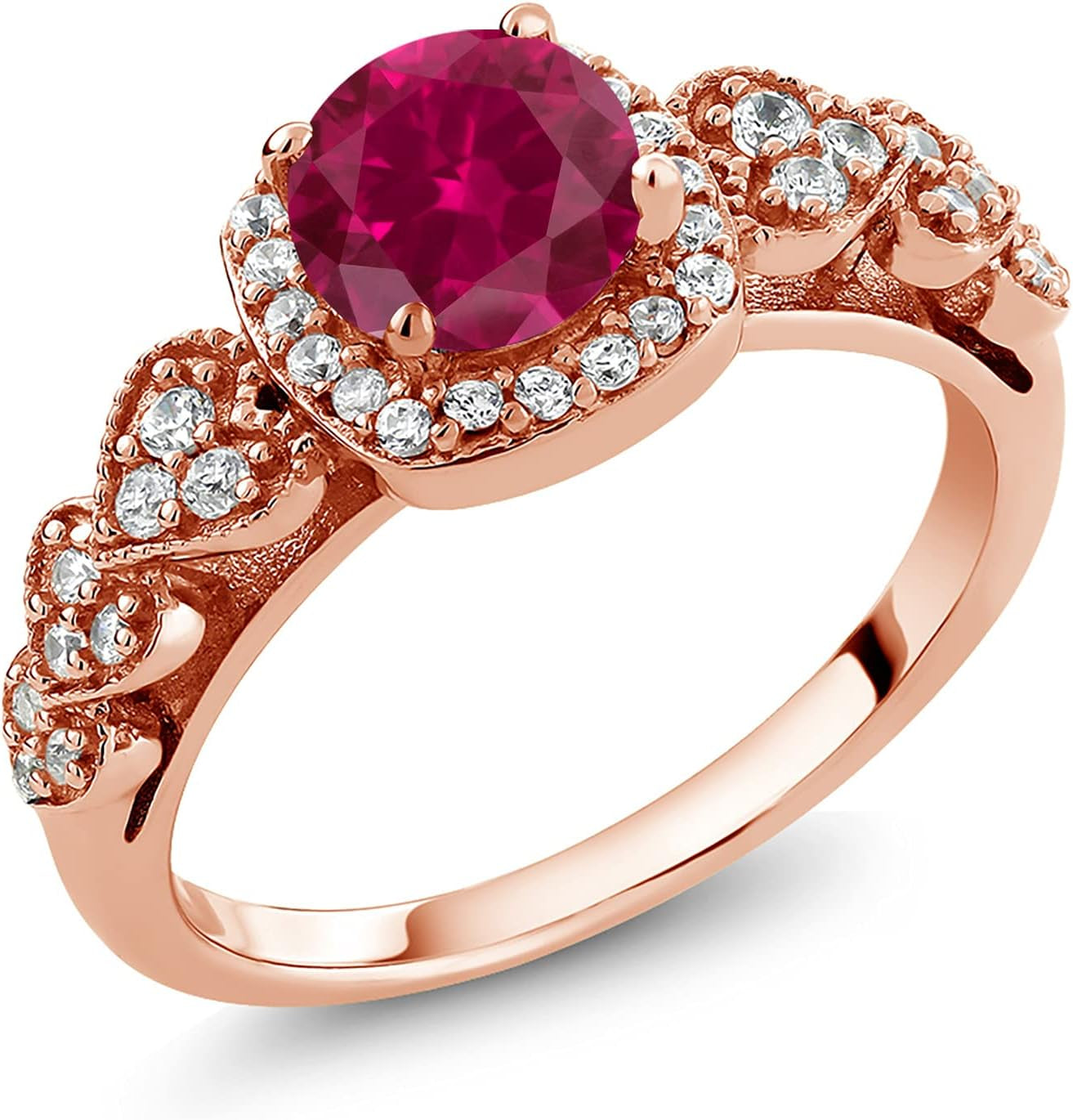 18K Rose Gold Plated Silver round Red Created Ruby Ring for Women (1.32 Cttw, Available in Size 5, 6, 7, 8, 9)
