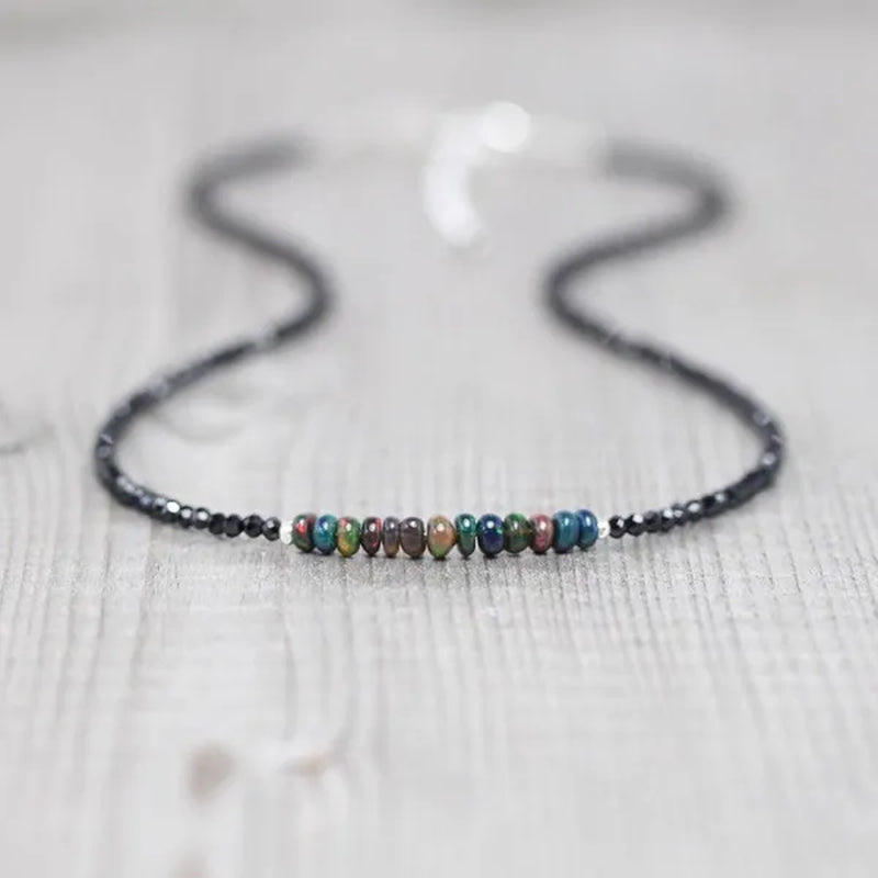 Ethiopian Welo Opal & Black Spinel Necklace. Sterling Silver, Rose, Gold Filled. Dainty Gemstone Choker.