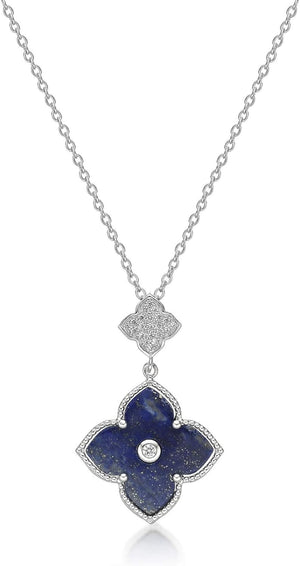 Black Onyx or Mother of Pearl and Cubic Zirconia Double Flower Pendant Necklace in 925 Sterling Silver with Gold Plating 16 to 18 Inches Adjustable Chain Spring Ring