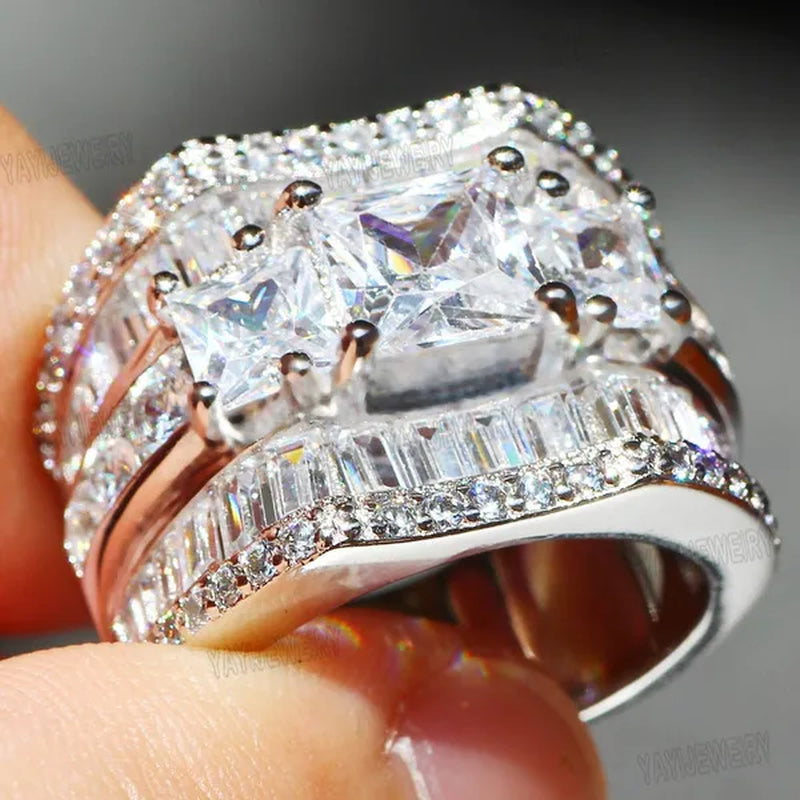 Luxury  Silver White Sapphire Flower Ring Natural Gemstones Birthstone Engagement Rings Wedding Anniversary Bride Women Man Princess Cross Ring Size 6 7 8 9 10