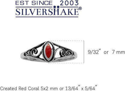 Petite Created Red Coral Inlay 925 Sterling Silver Filigree Swirl and Spiral Style Ring Size 5