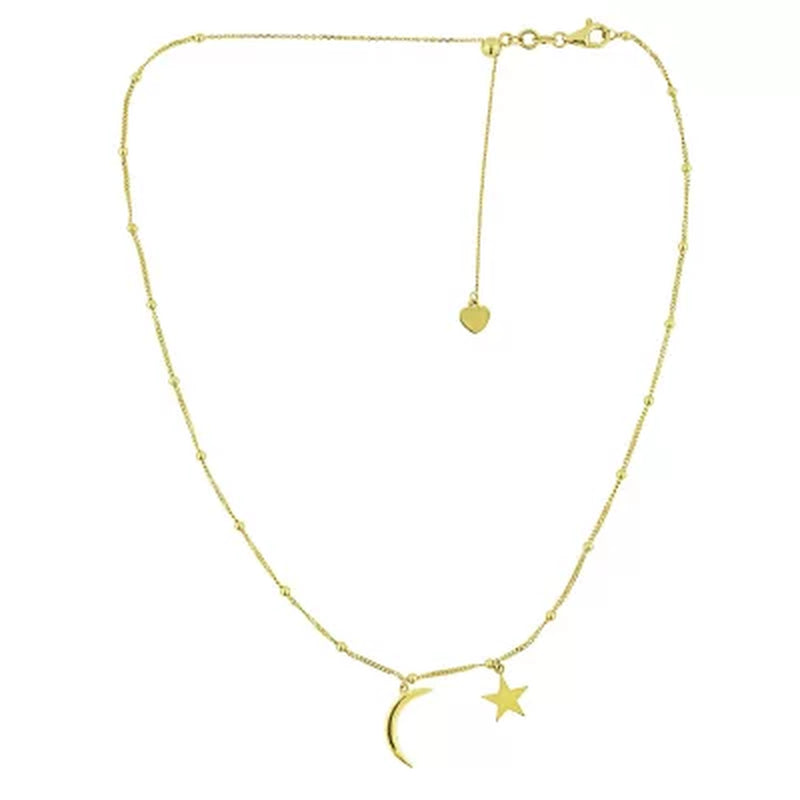 14K Gold Moon and Star Choker with Beads, 16"