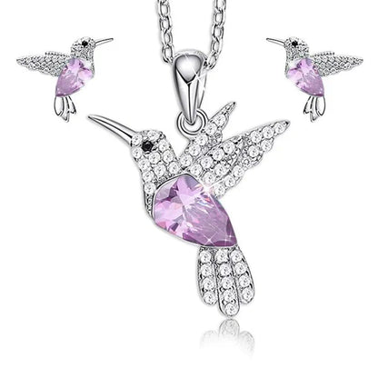 Hummingbird  Silver Jewelry Set Women Pendant Necklace and Stud Earring Set CrystalsFine Animal Jewelry, Gift for Mothers Day