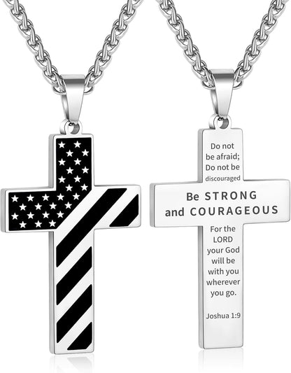 American Flag Cross Necklace Stainless Steel Bible Verse Pendant Men Military Religious Jewelry Gift 20+3 Inch Chain