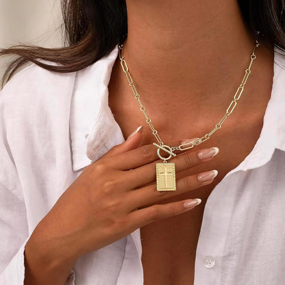 Cross Necklace for Women Trendy, 18K Gold Plated Cross Pendant Charm Necklace Dainty Paperclip Chain Religious Jewelry Gifts for Christian Faith, Baptism, First Communion