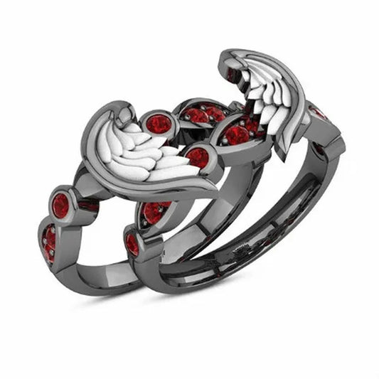 2 Pieces/Set Beautiful Women Fashion Exquisite Jewelry Classic Creative Angel Wings Heart Ring Elegant Princess Red Zircon Ring Set Romantic Bridal Engagement Wedding Ring Set Anniversary Birthday Party Christmas Gift Ring Set Jewelry Size US4-11