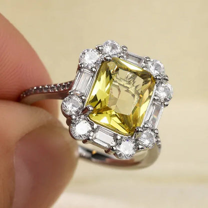 Princess Square Cut Citrine Vice Stone Lab Diamond Silver Plated Women Ring Bridal Romantic Wedding Fine Jewelry