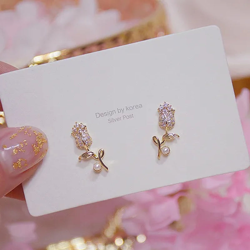 18K Gold Rose Flower Women'S Diamond Earrings Shiny Zircon Bohemian Stud Earrings Engagement Wedding Jewelry
