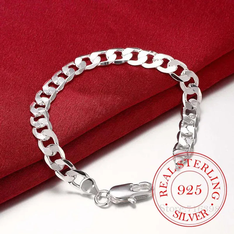 Men's Fine Jewelry 8 Inch 20cm Bracelet 925 Sterling Silver Fashion Charm 8MM Sideways Flat Chain Bracelets Bangle For Women Men