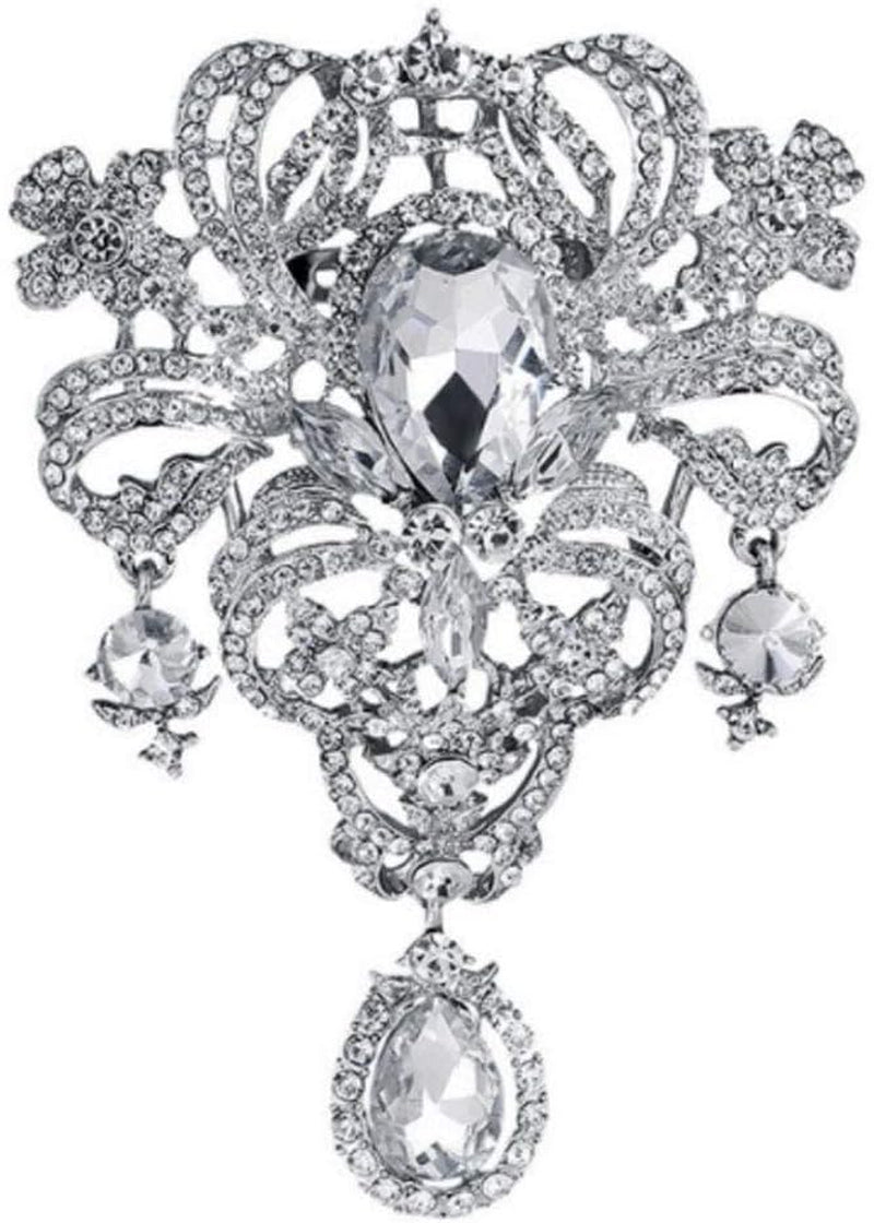 Extra LARGE Antique Vintage Art Deco Victorian Style Silver Tone Imitation Diamond Clear Rhinestone Statement Bridal Wedding Brooch Pin