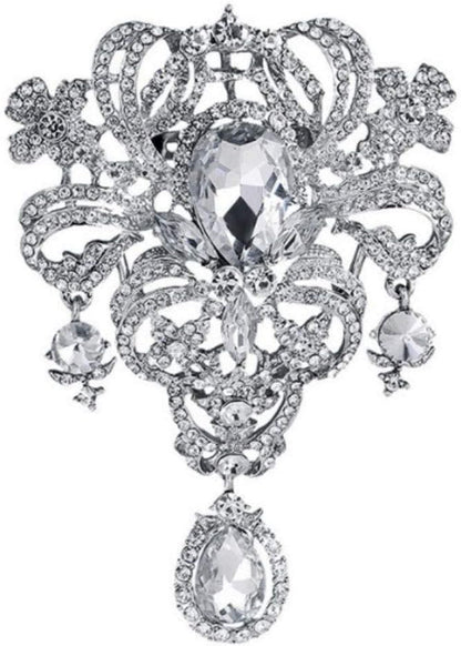 Extra LARGE Antique Vintage Art Deco Victorian Style Silver Tone Imitation Diamond Clear Rhinestone Statement Bridal Wedding Brooch Pin