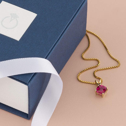 Solid 14K Yellow Gold Created Red Ruby Pendant for Women, Classic Solitaire, Cushion Cut, 6Mm, 1 Carat Total