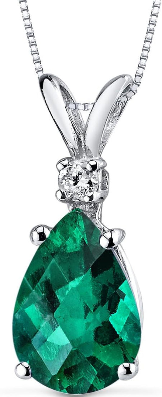 Created Emerald with Genuine Diamond Pendant for Women 14K White Gold, Elegant Teardrop Solitaire, Pear Shape, 10X7Mm, 1.75 Carats Total