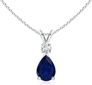 Natural 0.75 Carat Blue Sapphire Teardrop Pendant Necklace for Women with Diamond in 14K White Gold with 18 Inch Chain | September Birthstone Jewelry Gift