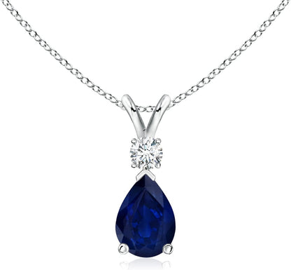 Natural 0.75 Carat Blue Sapphire Teardrop Pendant Necklace for Women, Girls with Diamond in 14K White Gold with 18 Inch Chain | September Birthstone Jewelry Gift