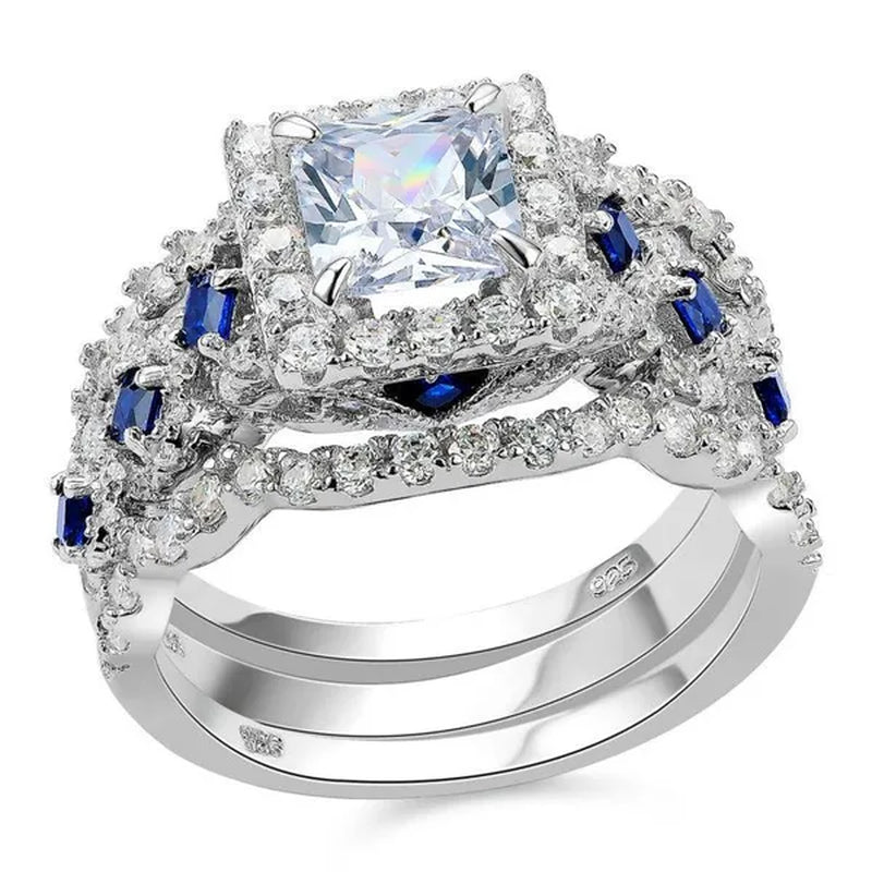 Newshe 3Pcs Princess Halo CZ Wedding Engagement Ring Sets Vintage Style Bridal Sets for Women 925 Sterling Silver Sz 4.5-13