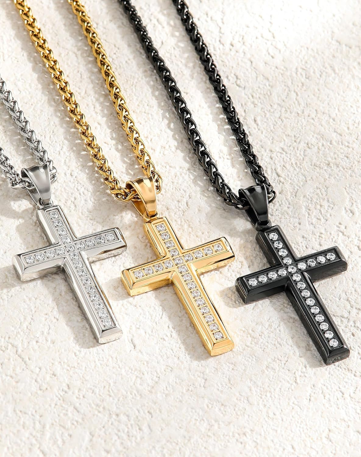 Stainless Steel CZ Cross Necklace Men Women - 18K Gold Plated 5A+ Cubic Zirconia Crucifix Pendant - Christian Religious 3Mm Rolo Chain Jewelry Present